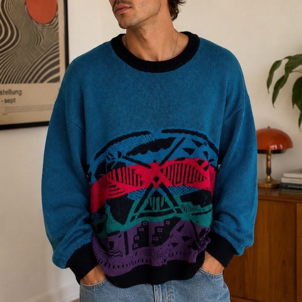 Vintage Organically Grown 80s Abstract Geometric Knit Sweater Teal Blue Large g2